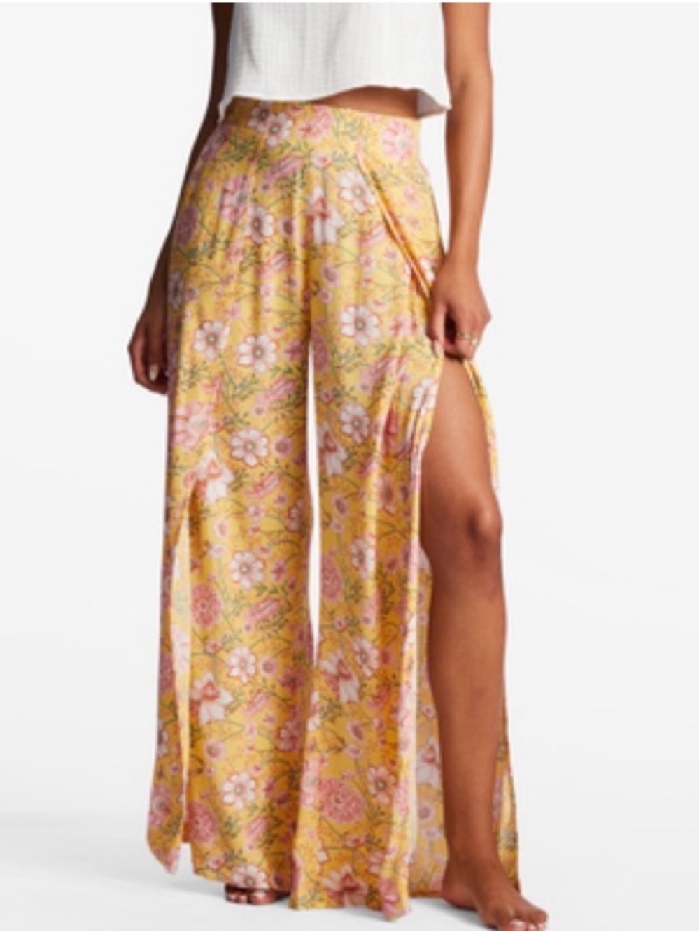 Billabong‎ Yellow Floral Wide-Leg Side Split Beach Pants Size L